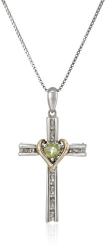 Sterling Silver and 14k Gold Peridot Coronary heart and Diamond-Accent Cross Pendant Necklace, 18″