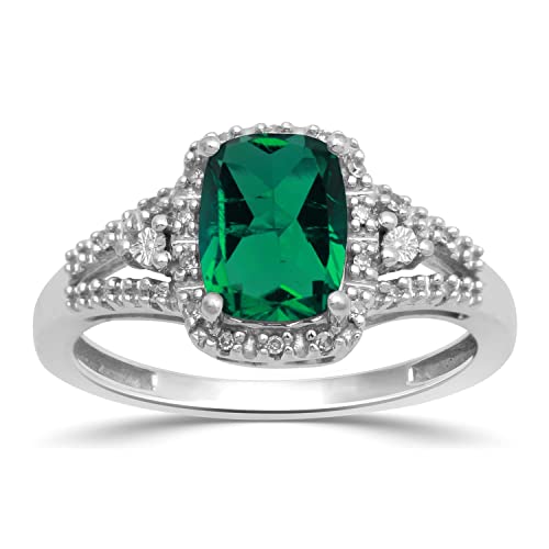 Jewelili 10K White Gold 8×6 MM Cushion Form Simulated Emerald with Pure White Spherical Diamond Accent Ring, Dimension 7