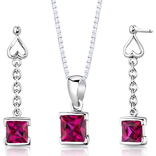 Peora Created Ruby Drop Earrings and Pendant Necklace Jewellery Set for Ladies in Sterling Silver, Dainty Coronary heart Accent, 2.75 Carats whole Princess Reduce, with 18 inch Chain