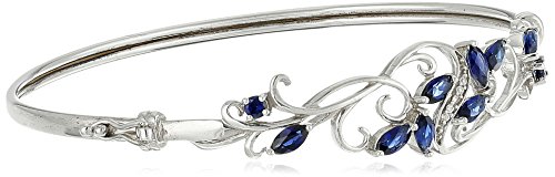 Sterling Silver Created Blue Sapphire and Cubic Zirconia Filigree Hinged Bangle Bracelet, 7.25″