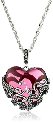 Amazon Assortment Sterling Silver Oxidized Real Marcasite and Purple Glass Coronary heart Filigree Pendant Necklace, 18″