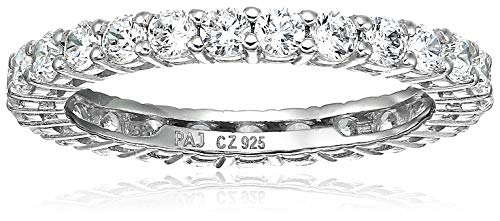 Amazon Necessities Platinum Plated Sterling Silver Spherical Minimize Cubic Zirconia All-Round Band Ring (2.5mm), Dimension 6