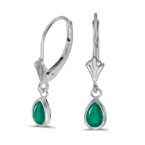 14k White Gold Pear Emerald Bezel Lever-back Earrings