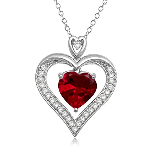 Jewelili Coronary heart Pendant Sterling Silver with 9MM Created Ruby and 1.25 MM Spherical Created White Sapphire Necklace Pendant 18 inch Cable Chain