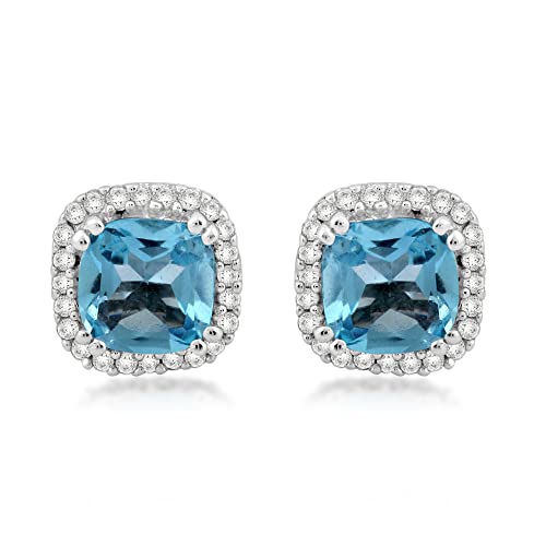 Jewelili 10K White Gold 5MM Cushion Created Blue Sapphire and 1/10 Cttw Pure White Spherical Diamond Stud Earrings