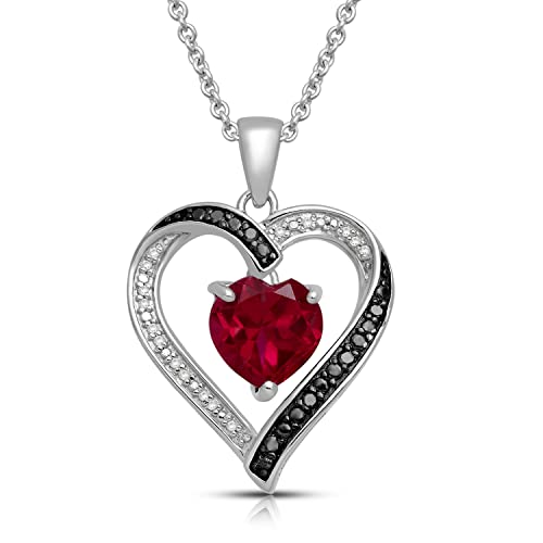 Jewelili Sterling Silver Pendant Necklace with 8mm Coronary heart Created Ruby and Handled Black & Pure White Spherical Diamonds, 1/10 cttw, 18″ Rolo Chain