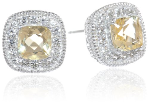 Sterling Silver Real Citrine and Created White Sapphire Halo Cushion Stud Earrings