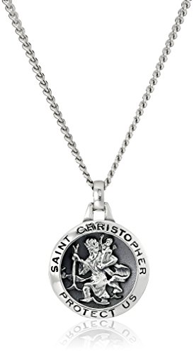 Sterling Silver Spherical Saint Christopher Pendant with Rhodium Plated Stainless Metal Chain, 20″