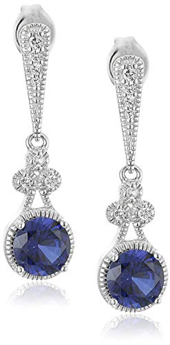 .925 Sterling Silver Spherical Created Blue Sapphire and White Sapphire Accented Artwork Nouveau Type Classic-Impressed 1″ Drop Earrings