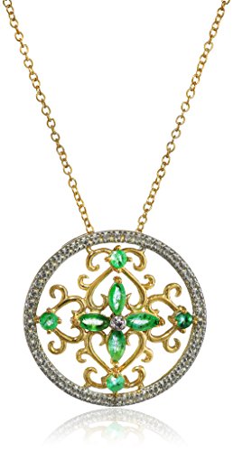 18k Yellow Gold Plated Sterling Silver Real Emerald and Diamond Accent Filigree Medallion Pendant, 18″