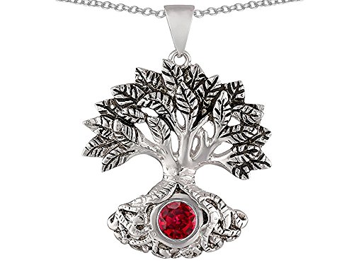 Star Okay Tree Of Life Good Luck Pendant Necklace with 7mm Spherical Created Ruby Sterling Silver