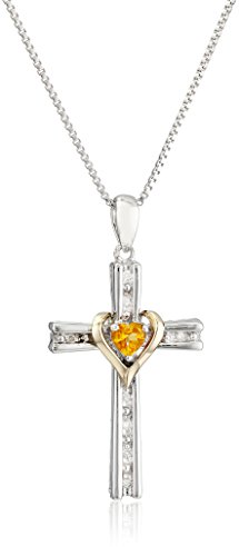 Sterling Silver and 14k Gold Citrine Coronary heart and Diamond-Accent Cross Pendant Necklace, 18″