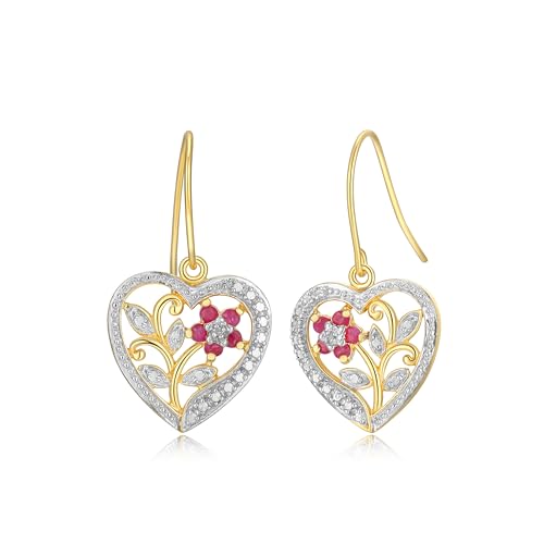 18K Yellow Gold Plated Sterling Silver Real Ruby and Diamond Accent Coronary heart 1″ Dangle Earrings