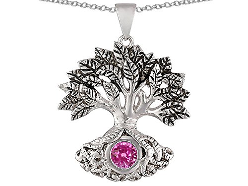 Star Ok Tree of Life Good Luck Pendant Necklace with 7mm Spherical Created Pink Sapphire Sterling Silver