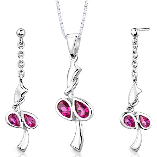 Peora Sterling Silver Pear Form Created Ruby Pendant Earrings and 18 inch Necklace Set