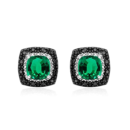 Jewelili Sterling Silver Created Emerald Cushion with Black and White Diamond Accent Stud Earrings