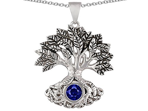 Star Okay Tree Of Life Good Luck Pendant Necklace with 7mm Spherical Created Sapphire Sterling Silver