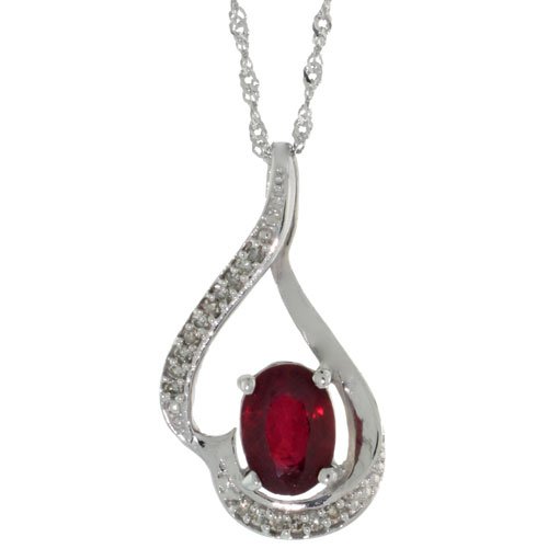 14k White Gold Pure Enhanced Ruby Necklace 1.24 ct 7×5 Oval, 0.07 ct Diamond 18 inch