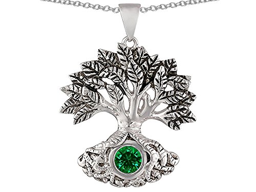 Star Okay Tree Of Life Good Luck Pendant Necklace with 7mm Spherical Simulated Emerald Sterling Silver