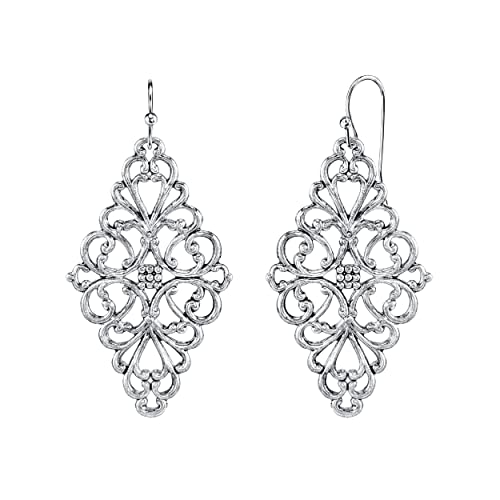 1928 Jewellery Silver Tone Filigree Diamond-Form Drop Earrings