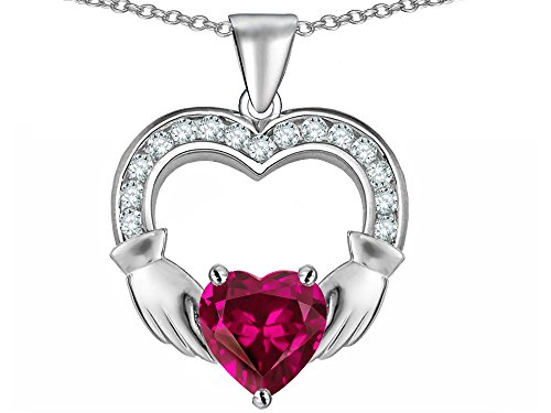 Star Ok Arms Holding 8mm Coronary heart 1inch Claddagh Pendant Necklace with Created Pink Sapphire Sterling Silver