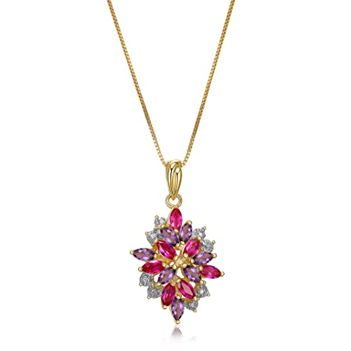 MORGAN & PAIGE 18K Yellow Gold-Plated 925 Sterling Silver Amethyst and Created Ruby Birthstone Diamond-Accented Cluster Pendant Necklace, 18″