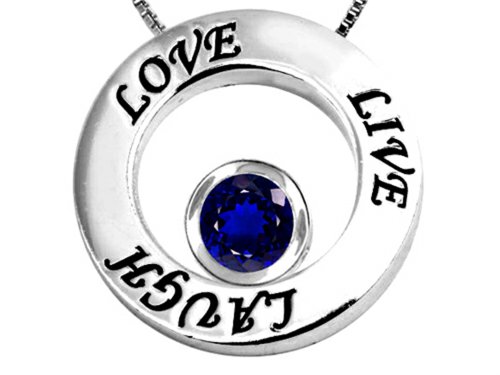 Star Okay Dwell/Love/Chuckle Circle of Life Pendant Necklace with September Delivery Month Spherical 7mm Created Sapphire