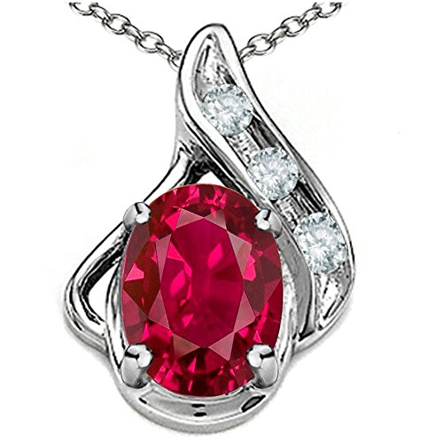 Star Ok Oval 7x5mm Created Ruby Drop Pendant Necklace 14 kt White Gold