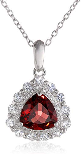 925 Sterling Silver Real Garnet January Birthstone and Created White Sapphire Teardrop Halo Pendant Necklace, 18″