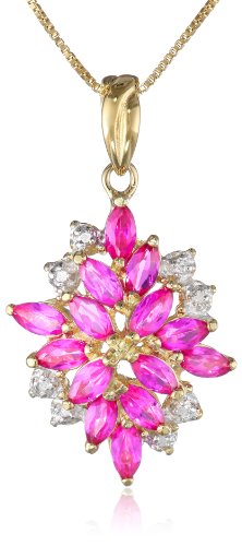 MORGAN & PAIGE 18K Yellow Gold-Plated 925 Sterling Silver Created Ruby July Birthstone Diamond-Accented Cluster Pendant Necklace, 18″