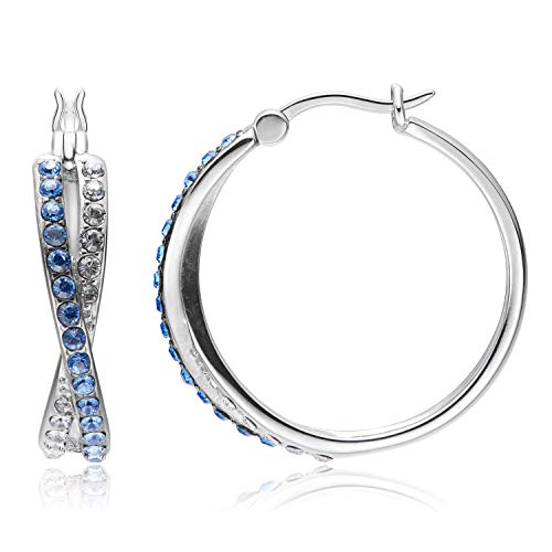 Sterling Silver Sapphire Blue and White Crossover Hoop Earrings Made with Swarovski Crystal (1″ diameter)