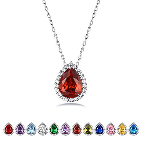 Bestyle 925 Sterling Silver Love Teardrop Reduce Cubic Zirconia Halo Necklaces, Good Created July Ruby CZ Birthstone Necklace Pendant for Girls